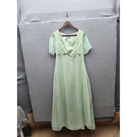 Vintage Mint Green Chiffon Gown With Pearl Details & Short Sleeves - Picture 1 of 2